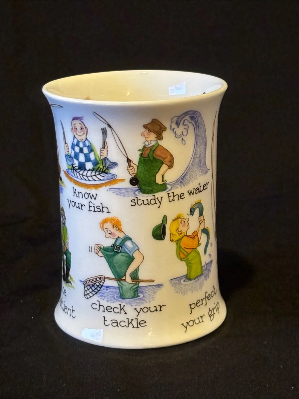 Bone China 'How to Fish' Illustrated Mug - White with Blue and Multicolor Art